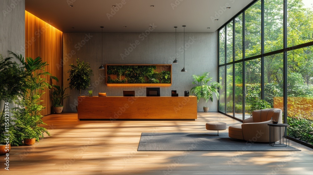 Fototapeta premium Modern reception area with greenery and natural light.