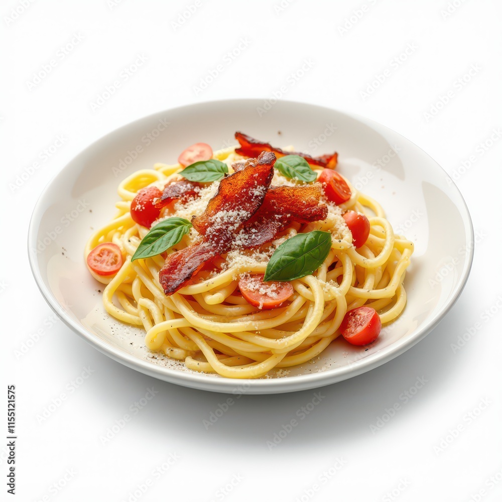 A plate of spaghetti topped with bacon, cherry tomatoes, and basil. A plate of spaghetti topped with bacon, cherry tomatoes, and basil.