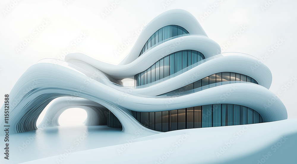 3D render of a sleek, white parametric architecture building with curved, fluid shapes. Minimalistic modern design, high detail, and cinematic style for a stunning visual impact 3D render of a sleek, white parametric architecture building with curved, fluid shapes. Minimalistic modern design, high detail, and cinematic style for a stunning visual impact
