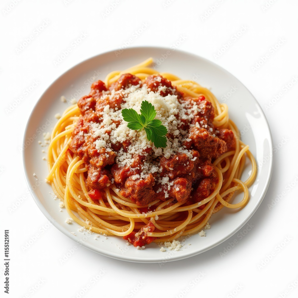 A plate of spaghetti topped with meat sauce and grated cheese, garnished with parsley. A plate of spaghetti topped with meat sauce and grated cheese, garnished with parsley.