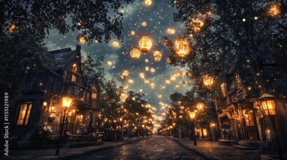 Enchanting Night Street Scene With Floating Lanterns Enchanting Night Street Scene With Floating Lanterns
