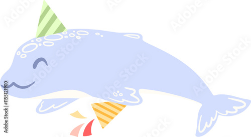 Hand drawn vector clip art of blue beluga whale for birthday party.