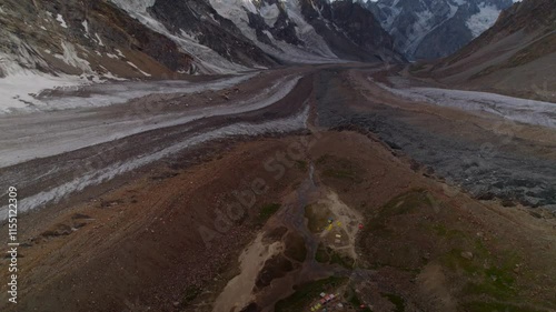 Aerial landscape of Karakoram mountains at sunset, Khuspang camp, K2 trekking route in Pakistan photo