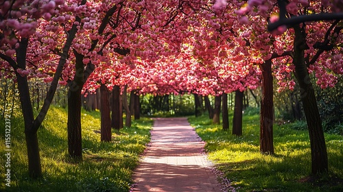 Path through blossoming pink cherry trees