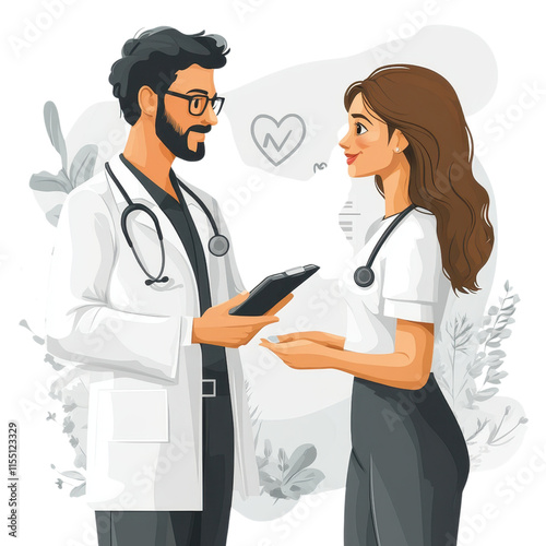 Doctor offering health advice to patient in a minimal flat illustration, clean lines, simple colors, modern design, engaging interaction