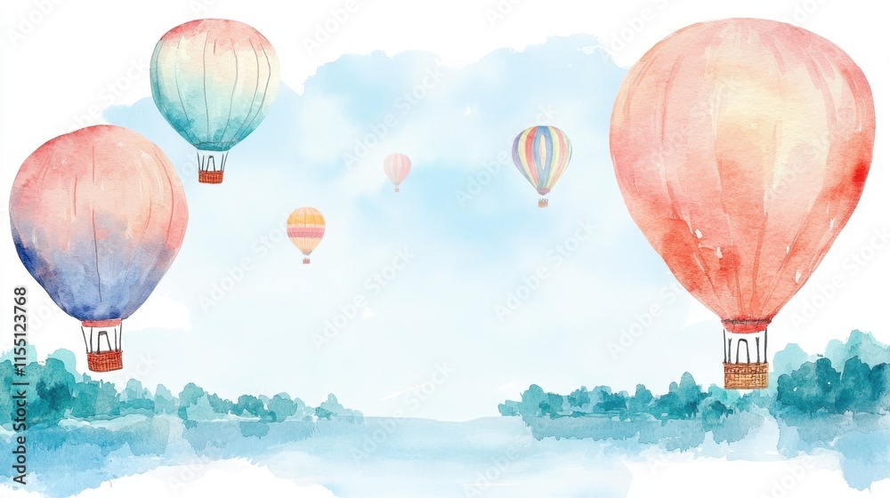Obraz premium Watercolor Hot Air Balloons Sky Landscape Travel Adventure