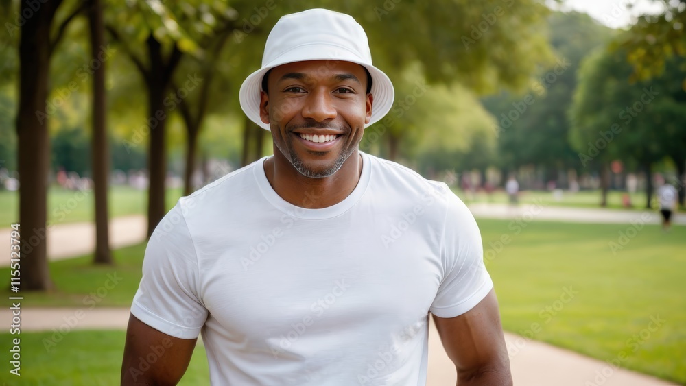 Black man wearing white t-shirt and white bucket hat standing in the park Black man wearing white t-shirt and white bucket hat standing in the park