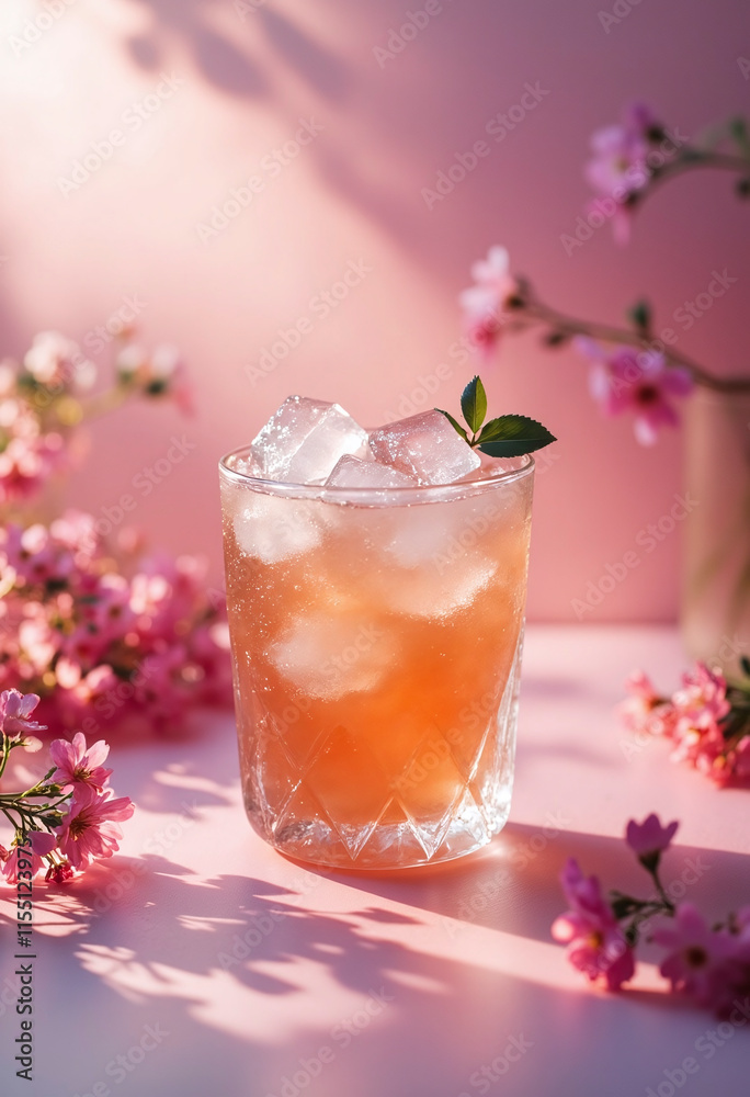 A glass of pink drink with ice cubes and a green leaf on top. The drink is served on a pink tablecloth with pink flowers in the background. The drink appears to be a refreshing beverage A glass of pink drink with ice cubes and a green leaf on top. The drink is served on a pink tablecloth with pink flowers in the background. The drink appears to be a refreshing beverage