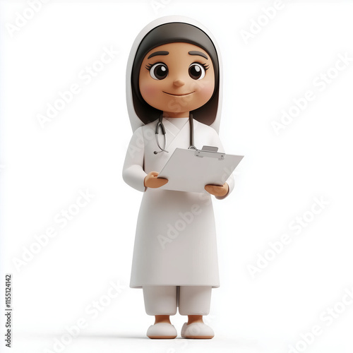 3D Arabian Woman Emoji, Transparent in Nurse Attire, Smiling Friendly While Holding a Medical Chart..