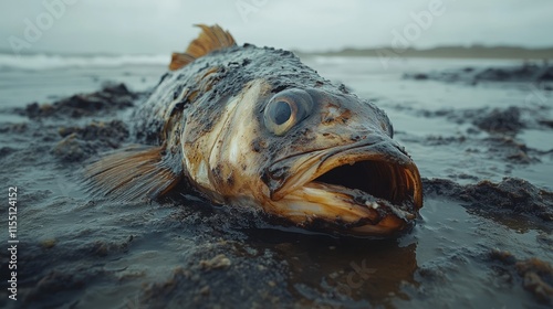 A fish rests on the wet sand, surrounded by dark seaweed and water