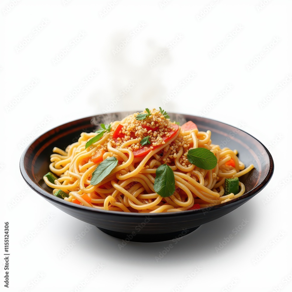 A steaming bowl of noodles topped with vegetables and sesame seeds, served in a dark bowl. A steaming bowl of noodles topped with vegetables and sesame seeds, served in a dark bowl.