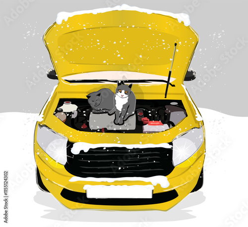 An illustration of two cats seeking warmth under the hood of a car on a cold winter day. A meaningful design emphasizing the need to protect animals during winter months