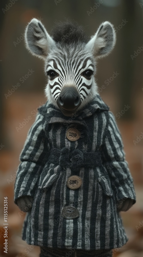 A charming zebra character dressed in a cozy coat strolls through autumn trees A charming zebra character dressed in a cozy coat strolls through autumn trees