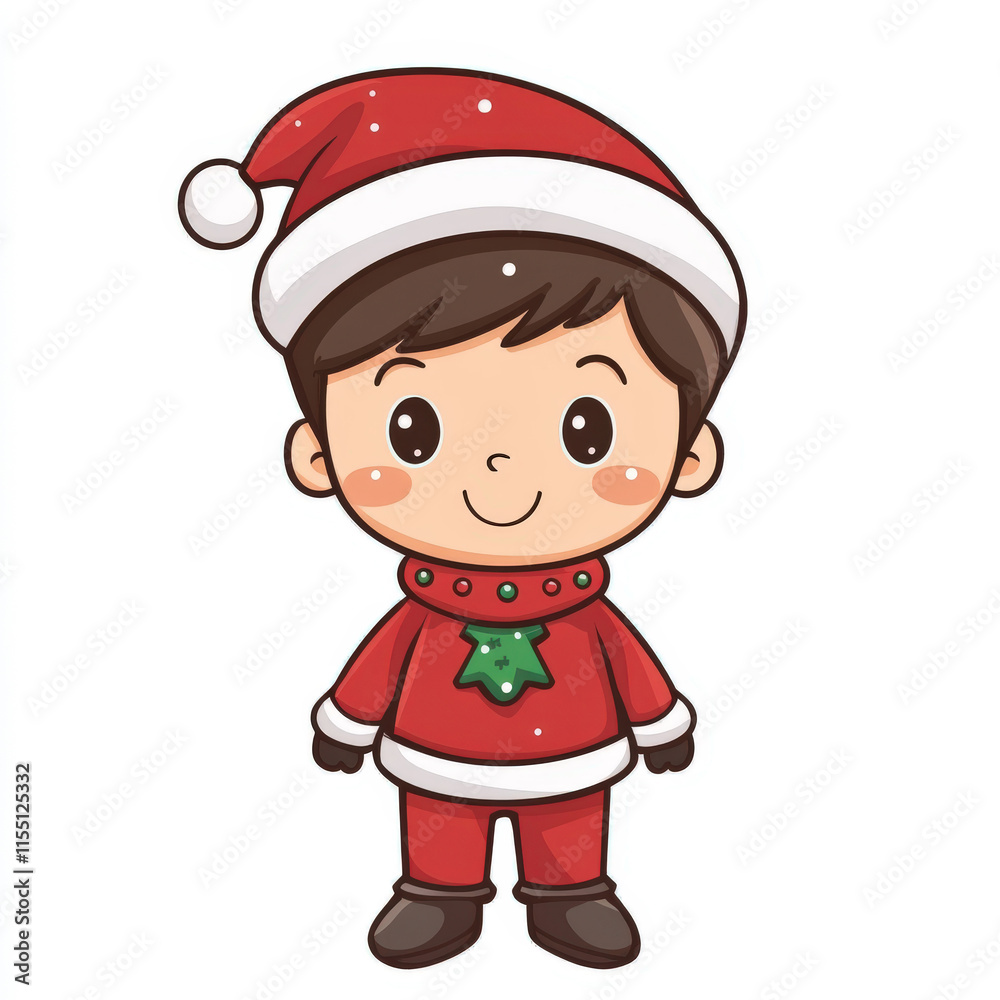 Cute cartoon boy in Santa outfit with red hat and cheerful smile, perfect for holiday designs and Christmas celebrations, featuring bright colors and festive spirit Cute cartoon boy in Santa outfit with red hat and cheerful smile, perfect for holiday designs and Christmas celebrations, featuring bright colors and festive spirit