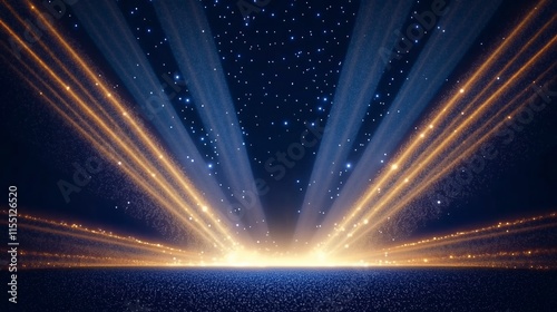 Realistic Dark Blue Stage with Golden Spotlight Lines and Glitter Texture for Award Ceremony Design: 3D Abstract Premium Elegant Glamour Background Template for Anniversary or Winner Rewarding