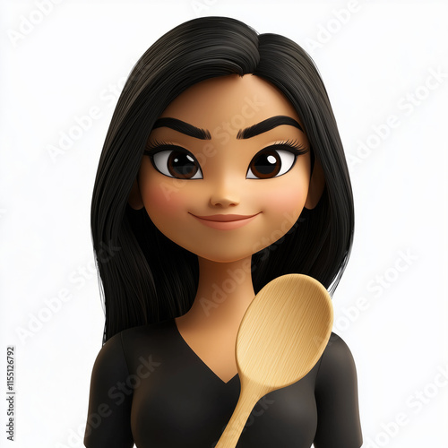3D Indian woman emoji, smirking while holding a wooden spoon, transparent background.