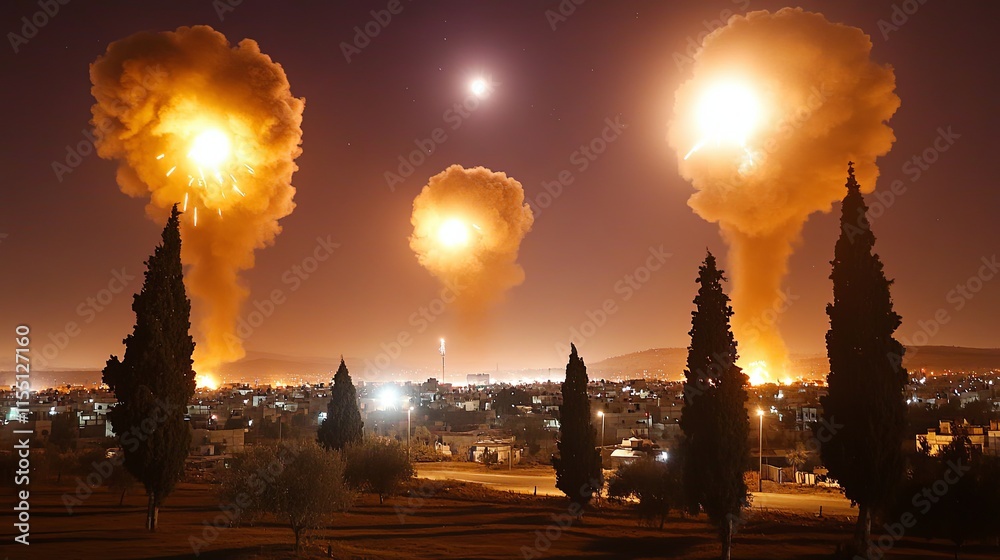 Obraz premium Distant City Under Siege with Dark Clouds