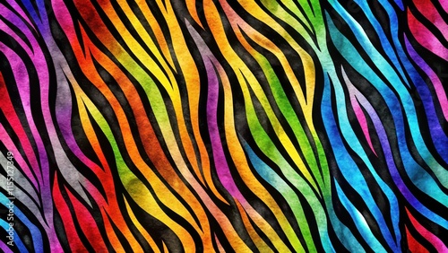 Colorful zebra stripes pattern on a black background with a subtle texture effect, color palette, seamless
