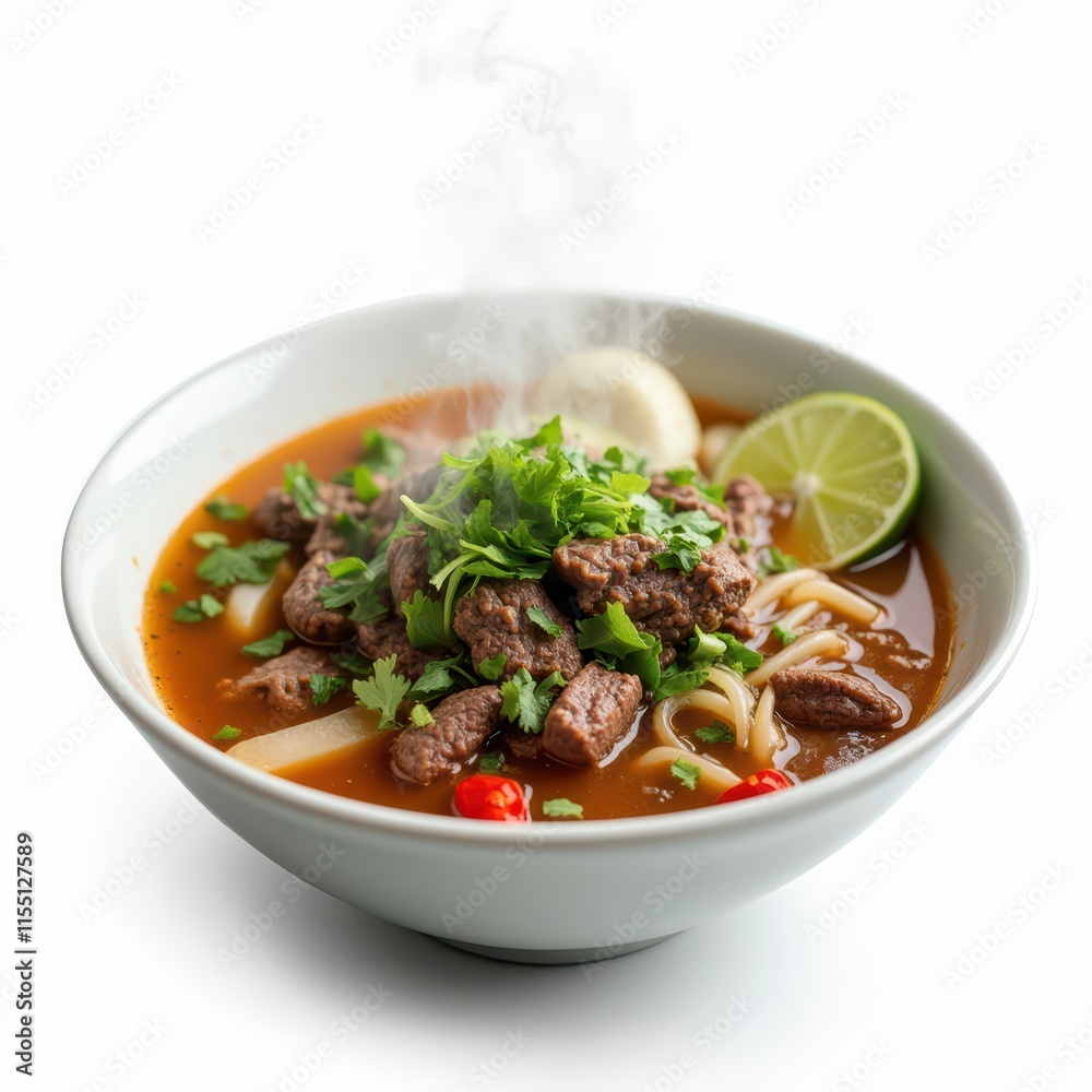 A steaming bowl of beef noodle soup garnished with herbs and lime. A steaming bowl of beef noodle soup garnished with herbs and lime.