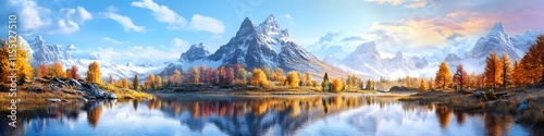 Panoramic view of Mount Assiniboine towering majestically over Sunburst Lake. with vibrant reflections in the calm waters. in 4K resolution photo