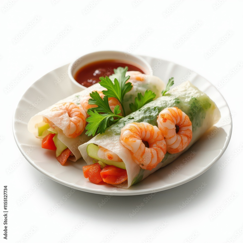 Fresh shrimp spring rolls with vegetables and dipping sauce on a white plate. Fresh shrimp spring rolls with vegetables and dipping sauce on a white plate.