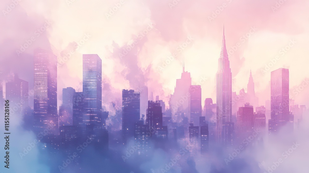 Fototapeta premium Misty city skyline at dawn showcasing tall buildings with soft pastel colors painting the early morning sky