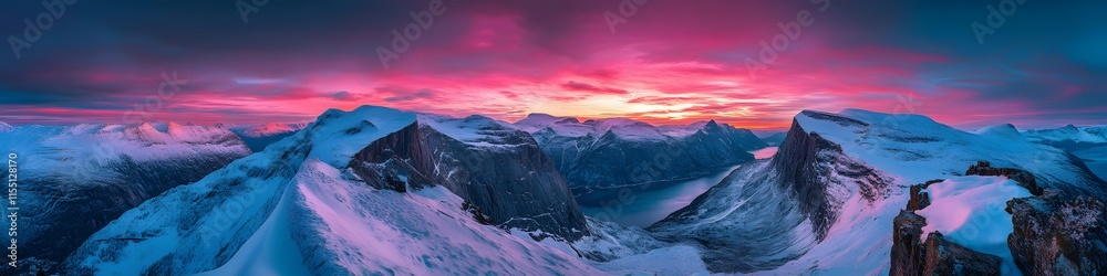 Fototapeta premium Aerial panorama of the surrounding cliffs glowing under a vibrant twilight sky. with Trolltunga extending dramatically over the fjord. in 4K resolution