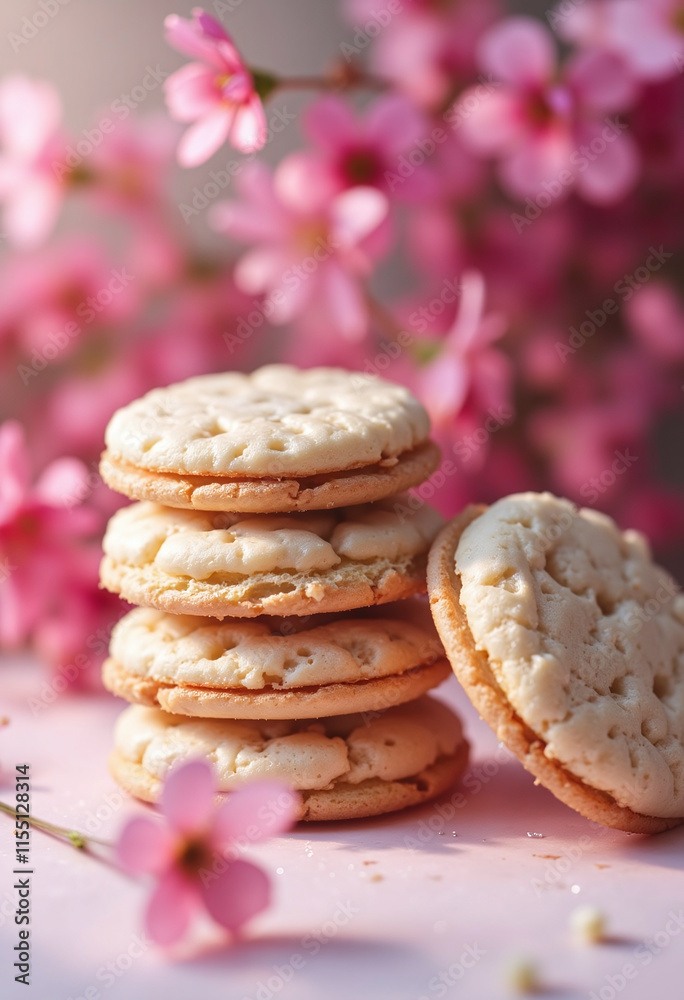 A stack of cookies with pink flowers in the background. The cookies are white and look delicious. The pink flowers add a touch of color and a romantic feel to the scene A stack of cookies with pink flowers in the background. The cookies are white and look delicious. The pink flowers add a touch of color and a romantic feel to the scene