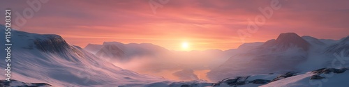 Wide shot of the fjordlands near Trolltunga glowing under soft pink and orange hues at sunset. in 4K resolution photo