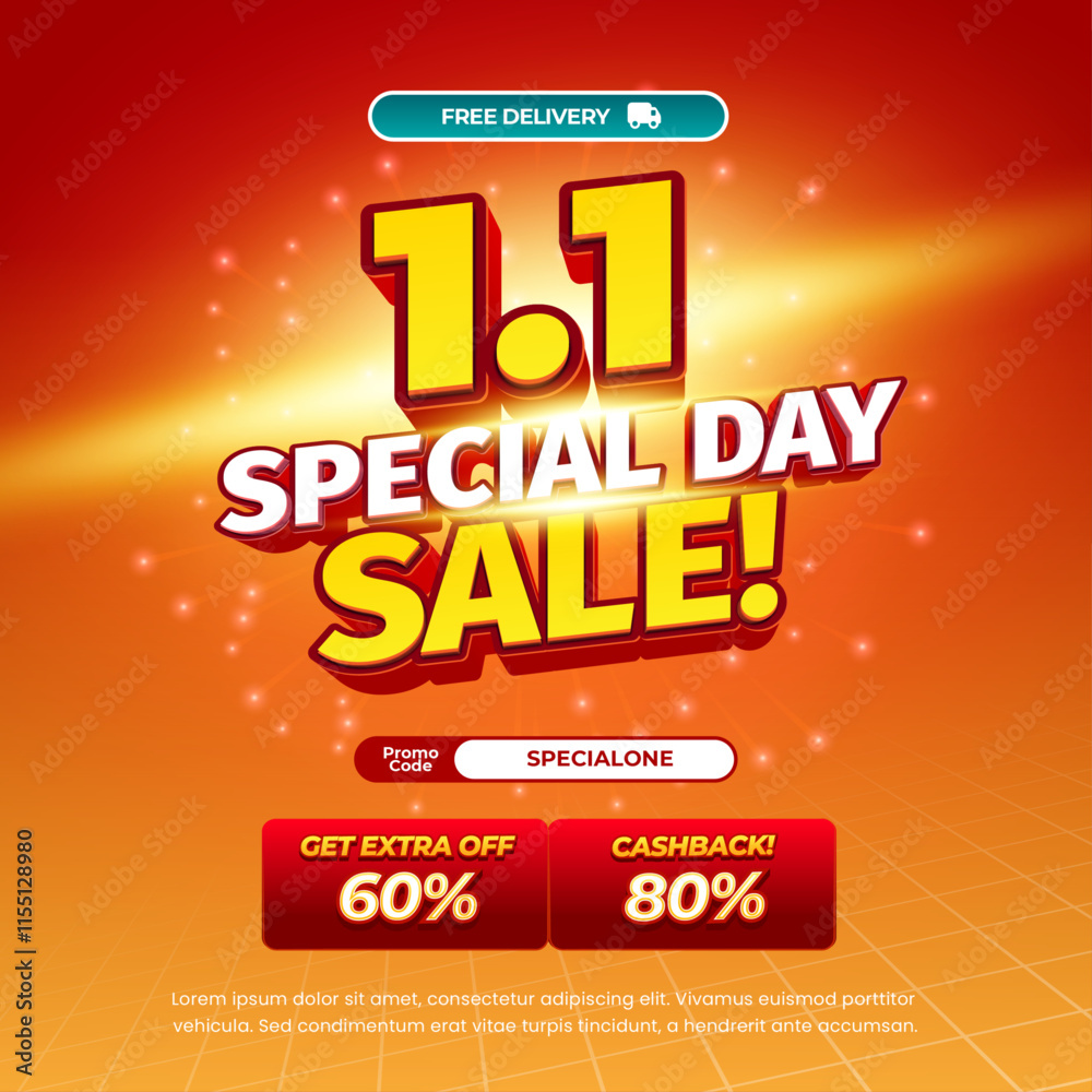 Fototapeta premium 1.1 Special New Year Shopping day Sale discount deals Editable text with soft Orange gradient Simple Flash light Square banner