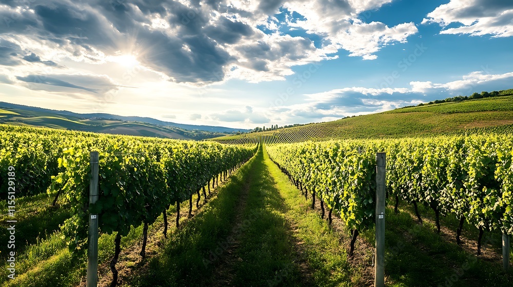 Obraz premium Vineyard landscape, sunlit rows of grapevines. Concept of agriculture, nature, and wine production.