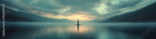 Wide-angle shot of Hallstatts iconic church steeple glowing under the soft hues of sunset. with dramatic clouds over the lake. in 4K resolution photo