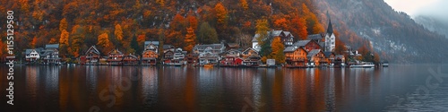 Panoramic view of Hallstatts colorful houses nestled along the lakeshore. with vibrant autumn foliage surrounding the village. in 4K resolution photo