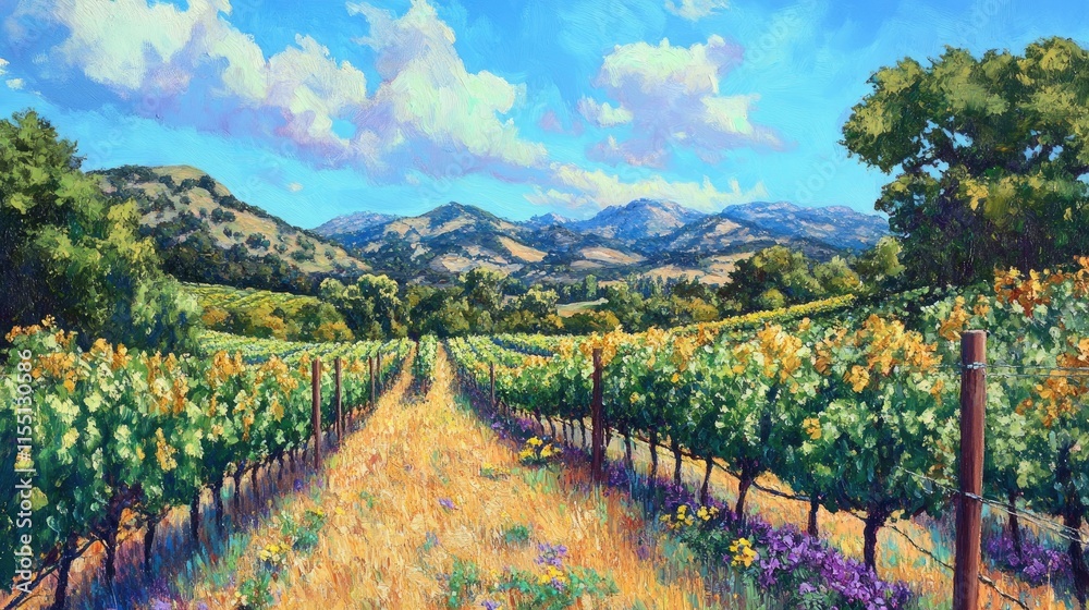 Fototapeta premium Vineyard Path Under Sunny Skies And Mountains