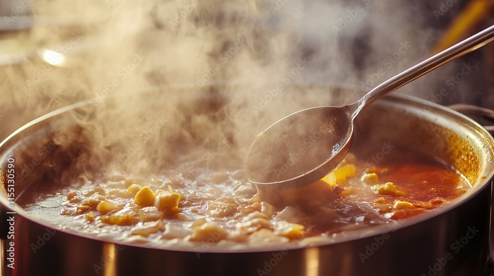 Stirring soup in a hot steaming pot. Stirring soup in a hot steaming pot.