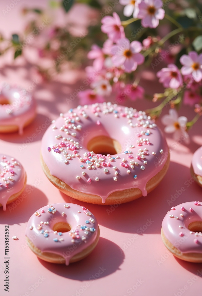 A row of pink frosted donuts with sprinkles on top. The donuts are arranged on a pink background A row of pink frosted donuts with sprinkles on top. The donuts are arranged on a pink background