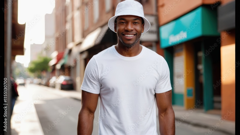 Black man wearing white t-shirt and white bucket hat standing on the street Black man wearing white t-shirt and white bucket hat standing on the street