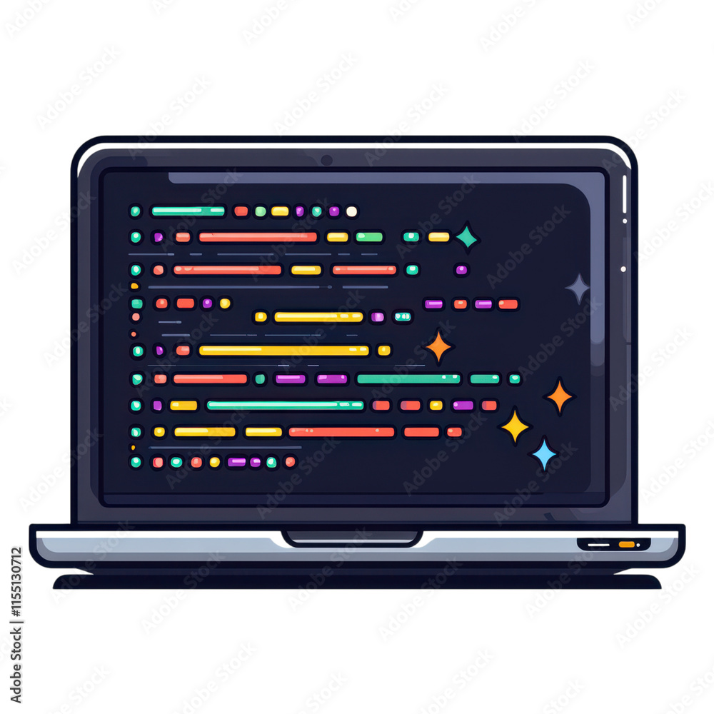 Coding Laptop Illustration, minimalist design featuring lines of code on a sleek laptop against a clean white background