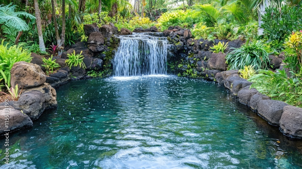 Naklejka premium Serene Waterfall Cascading Into Lush Tropical Pool