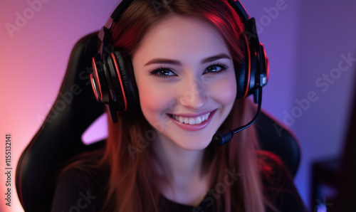 Smiling Female Gamer in a Gaming Setup photo