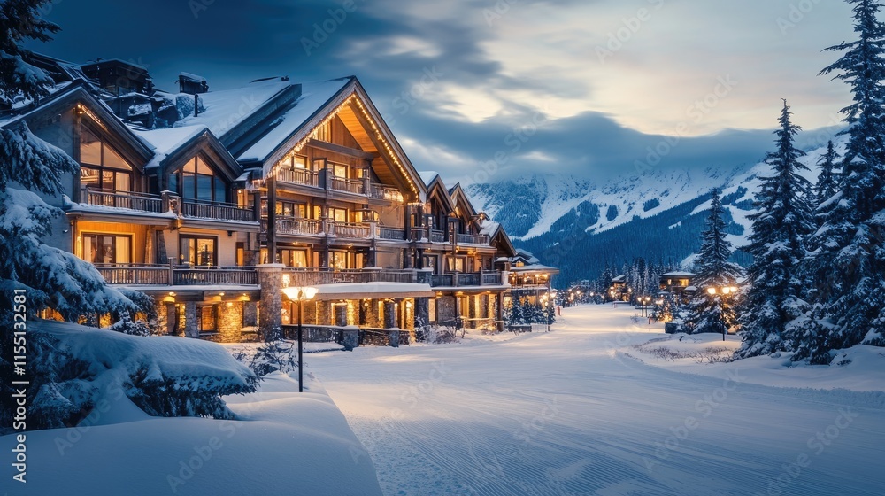 Fototapeta premium Luxurious Mountain Lodge Winter Snowscape Scenic View