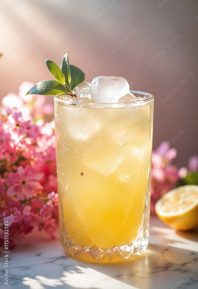 A glass of lemonade with ice cubes and a sprig of mint on top. The drink is served on a table with a vase of pink flowers in the background. Concept of relaxation and refreshment A glass of lemonade with ice cubes and a sprig of mint on top. The drink is served on a table with a vase of pink flowers in the background. Concept of relaxation and refreshment
