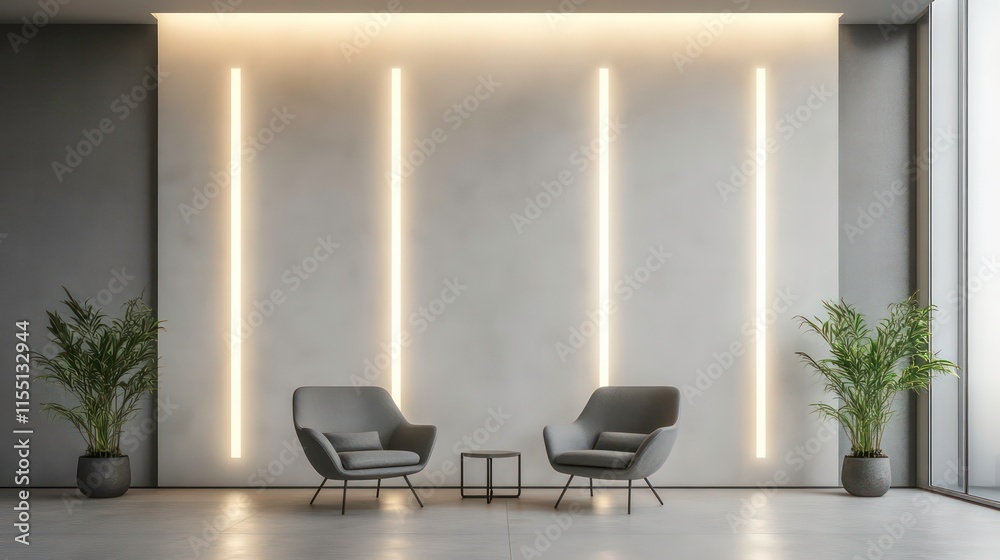 Fototapeta premium Modern minimalist waiting area with grey armchairs, small table, potted plants, and illuminated wall.