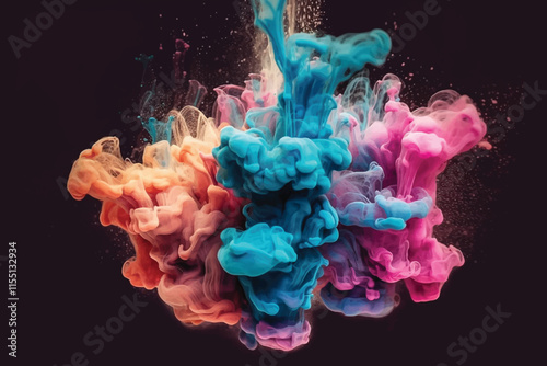 Blue and pink color fluid splash vapor cloud dispersing on a glitter dust texture, each particle reflecting light and enhancing the luminosity of the colors, creating a dreamy and ethereal atmosphere,