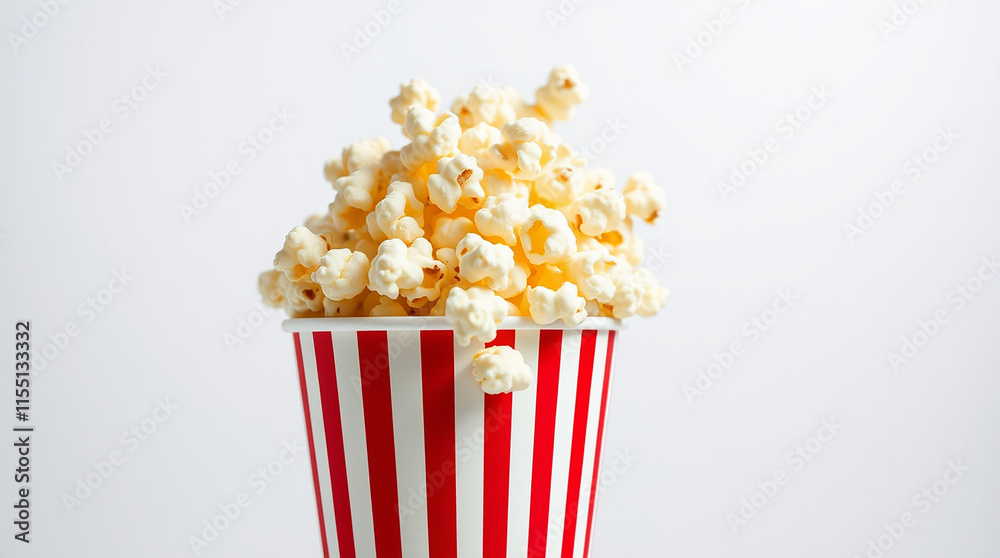 Popcorn in a red and white striped paper cup. Concept of movie night, snack, and entertainment. Popcorn in a red and white striped paper cup. Concept of movie night, snack, and entertainment.