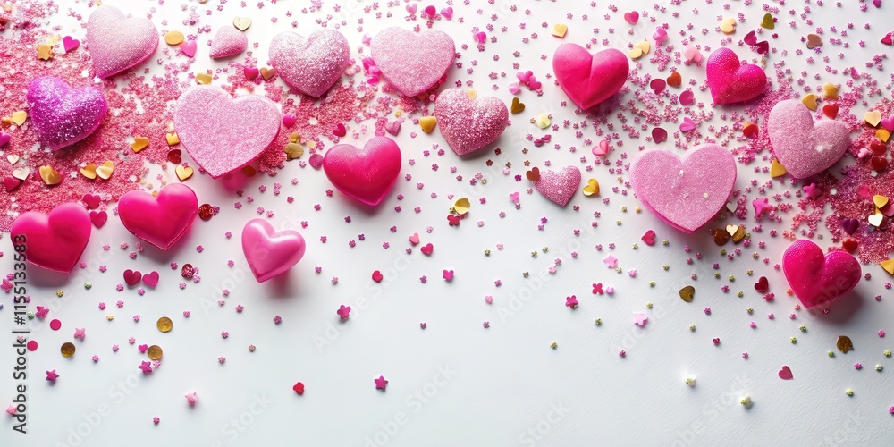 Colorful pink hearts scattered across a white background with confetti overlay and glittering decorations , heart-shaped confetti, glittery decorations