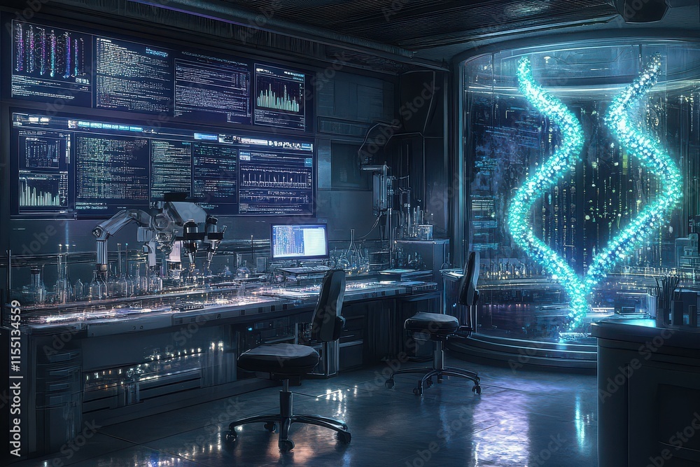 Futuristic Genetics Lab with DNA Helix Display Futuristic Genetics Lab with DNA Helix Display