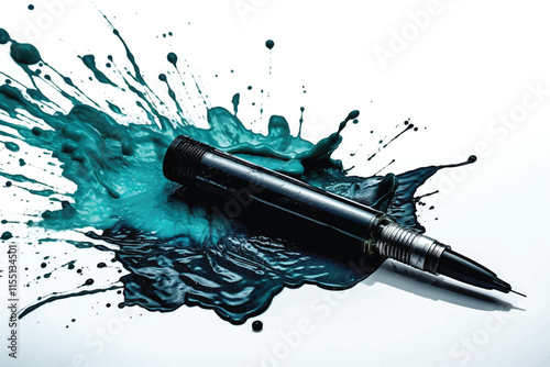 The blue pen lying on a white background