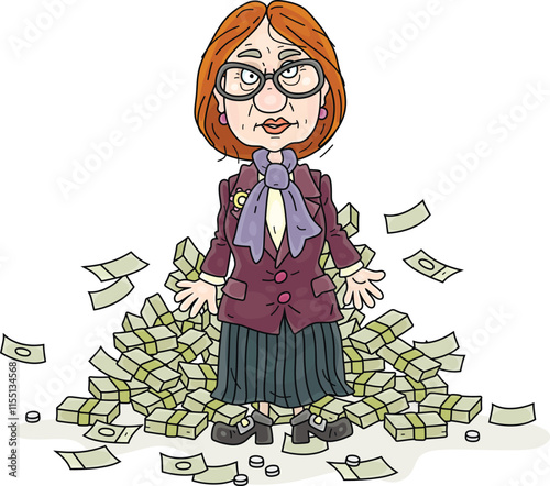 Resolute businesswoman in glasses and a business suit before a big pile of money, vector cartoon illustration on a white background