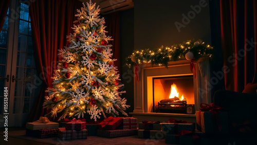 Ambient fireplace and candles in living room with Christmas tree, Generative AI

